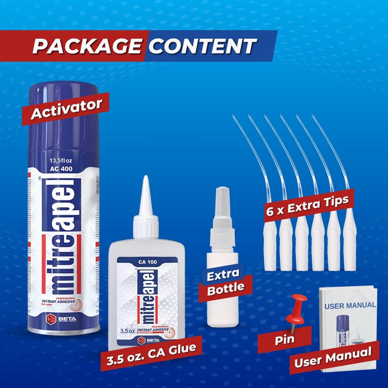 mitreapel طقم غراء MITREAPEL CA مع مُنشط (3.5 أونصة + 13.5 أونصة سائلة) لاصق سيانوأكريلات احترافي ورابط فوري ومسرع غراء فائق للأعمال الخشبية مع أغطية إضافية ونصائح دقيقة، للأعمال اليدوية والحرف، البلاستيك، الإصلاح - Image 2